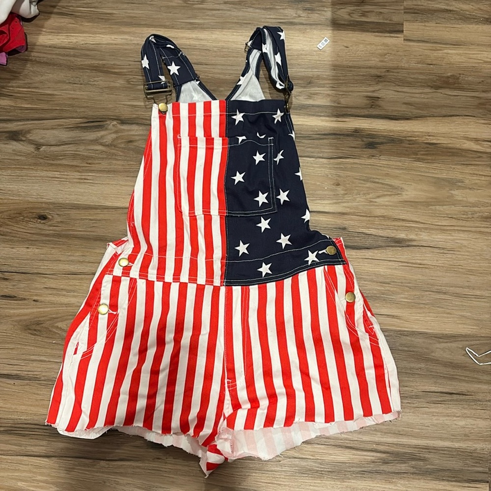 Red, white, and blue overall shorts